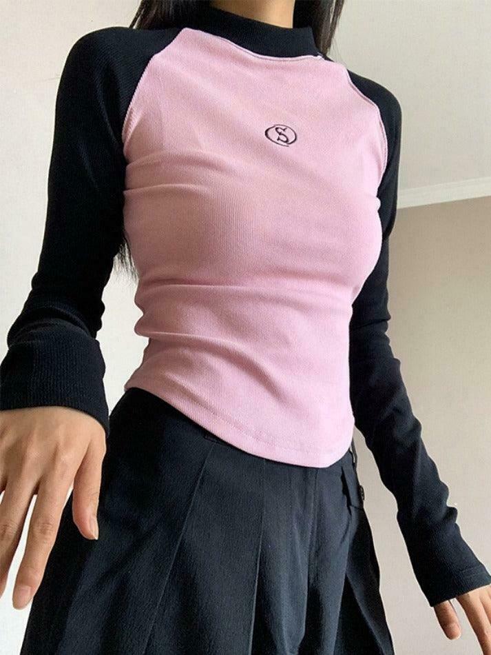 Y2K Aesthetic Contrast Color Raglan Slim Knit for Women - Coquette & Grunge Style Tops Y2K Aesthetic Contrast Color Raglan Slim Knit for Women - Coquette & Grunge Style Tops
