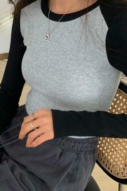 Y2K Aesthetic Contrast Color Raglan Slim Long Sleeve Knit