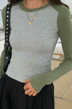 Y2K Aesthetic Contrast Color Raglan Slim Long Sleeve Knit