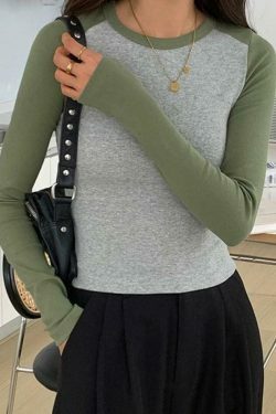 Y2K Aesthetic Contrast Color Raglan Slim Long Sleeve Knit