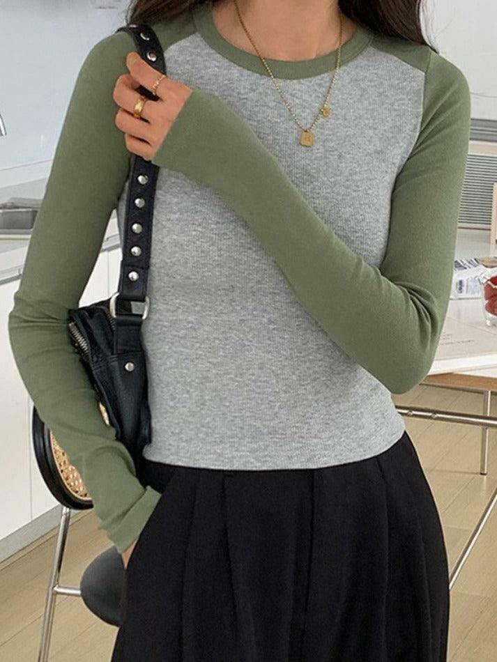 Y2K Aesthetic Contrast Color Raglan Slim Long Sleeve Knit Y2K Aesthetic Contrast Color Raglan Slim Long Sleeve Knit