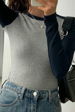 Y2K Aesthetic Contrast Color Raglan Slim Long Sleeve Knit