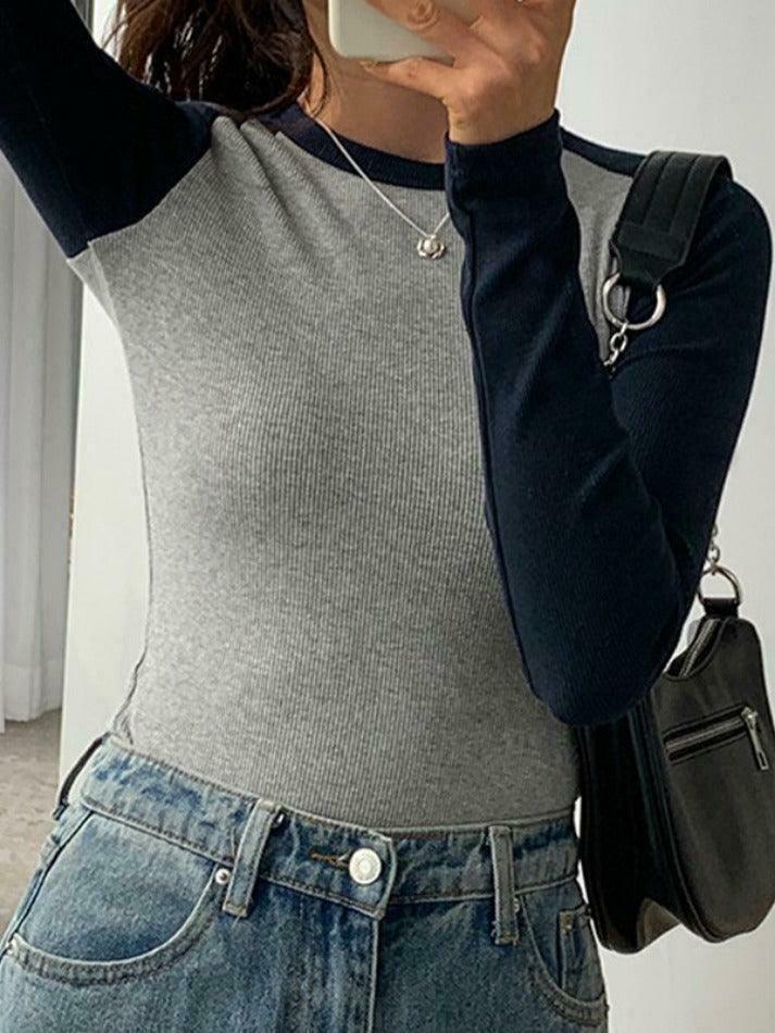 Y2K Aesthetic Contrast Color Raglan Slim Long Sleeve Knit Y2K Aesthetic Contrast Color Raglan Slim Long Sleeve Knit