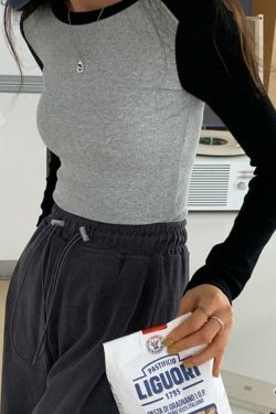 Y2K Aesthetic Contrast Color Raglan Slim Long Sleeve Knit