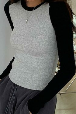 Y2K Aesthetic Contrast Color Raglan Slim Long Sleeve Knit