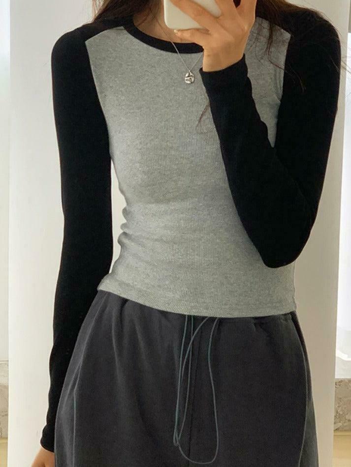 Y2K Aesthetic Contrast Color Raglan Slim Long Sleeve Knit Y2K Aesthetic Contrast Color Raglan Slim Long Sleeve Knit