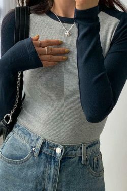 Y2K Aesthetic Contrast Color Raglan Slim Long Sleeve Knit