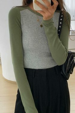 Y2K Aesthetic Contrast Color Raglan Slim Long Sleeve Knit