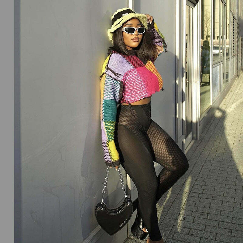 Y2K Aesthetic Contrast Color Round Neck Short Sweater - Coquette Grunge Fashion