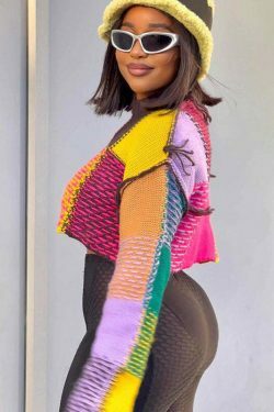 Y2K Aesthetic Contrast Color Round Neck Short Sweater - Coquette Grunge Fashion