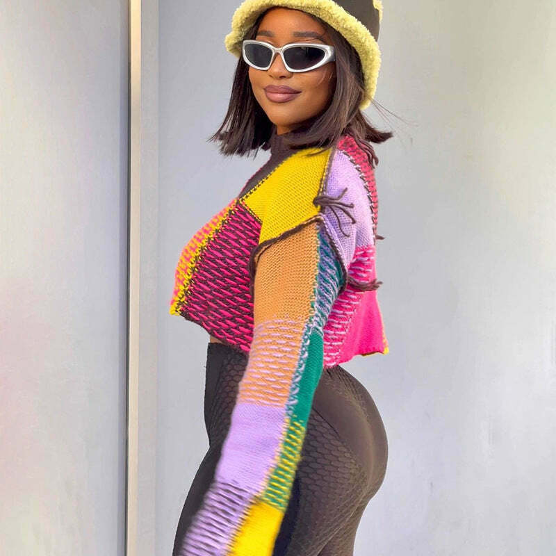 Y2K Aesthetic Contrast Color Round Neck Short Sweater - Coquette Grunge Fashion