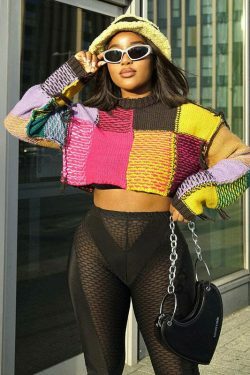 Y2K Aesthetic Contrast Color Round Neck Short Sweater - Coquette Grunge Fashion