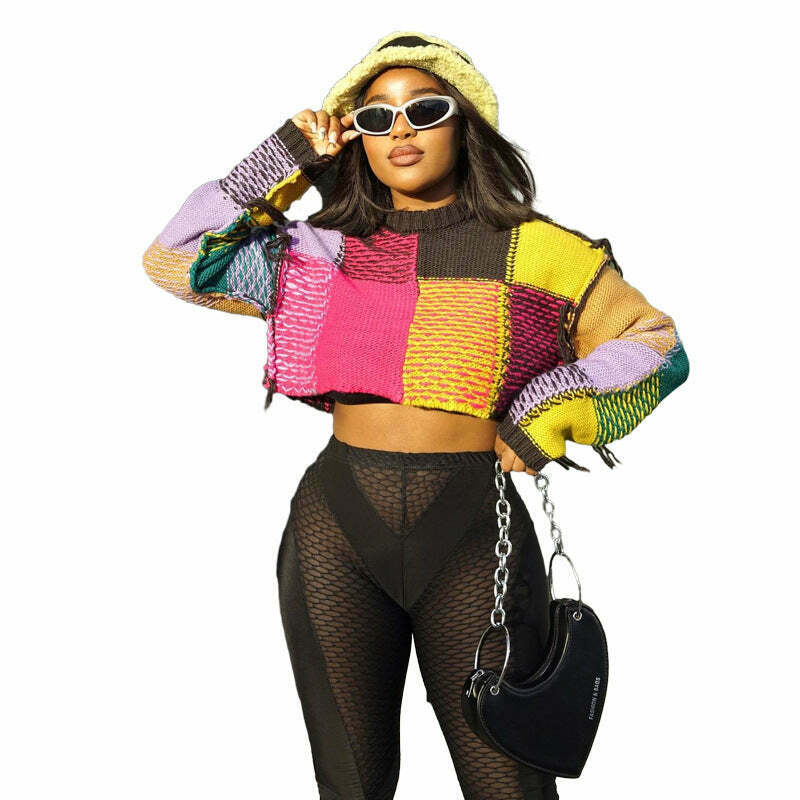 Y2K Aesthetic Contrast Color Round Neck Short Sweater - Coquette Grunge Fashion
