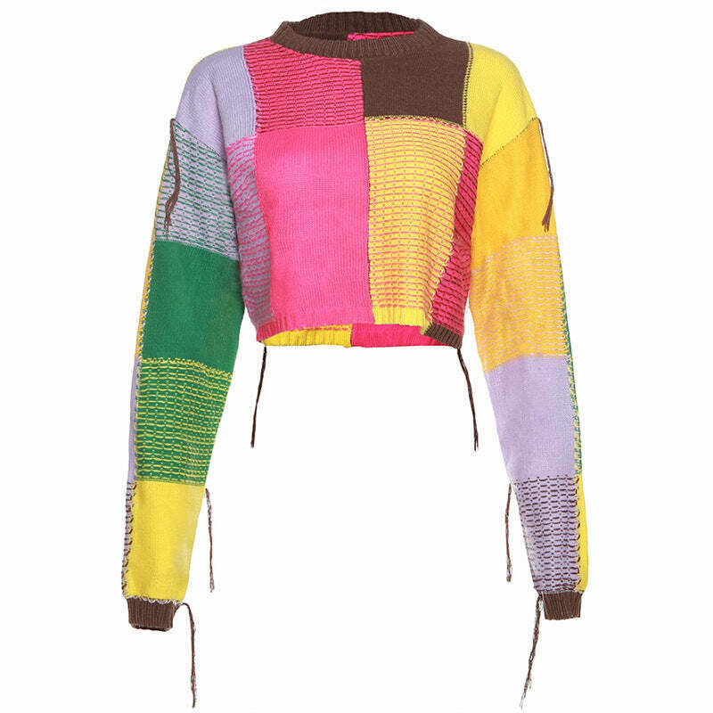 Y2K Aesthetic Contrast Color Round Neck Short Sweater - Coquette Grunge Fashion