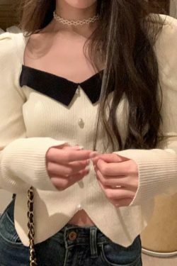 Y2K Aesthetic Contrast Color Splice Pearl Breasted Knit Sweater