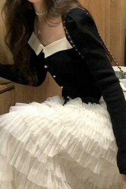 Y2K Aesthetic Contrast Color Splice Pearl Breasted Knit Sweater