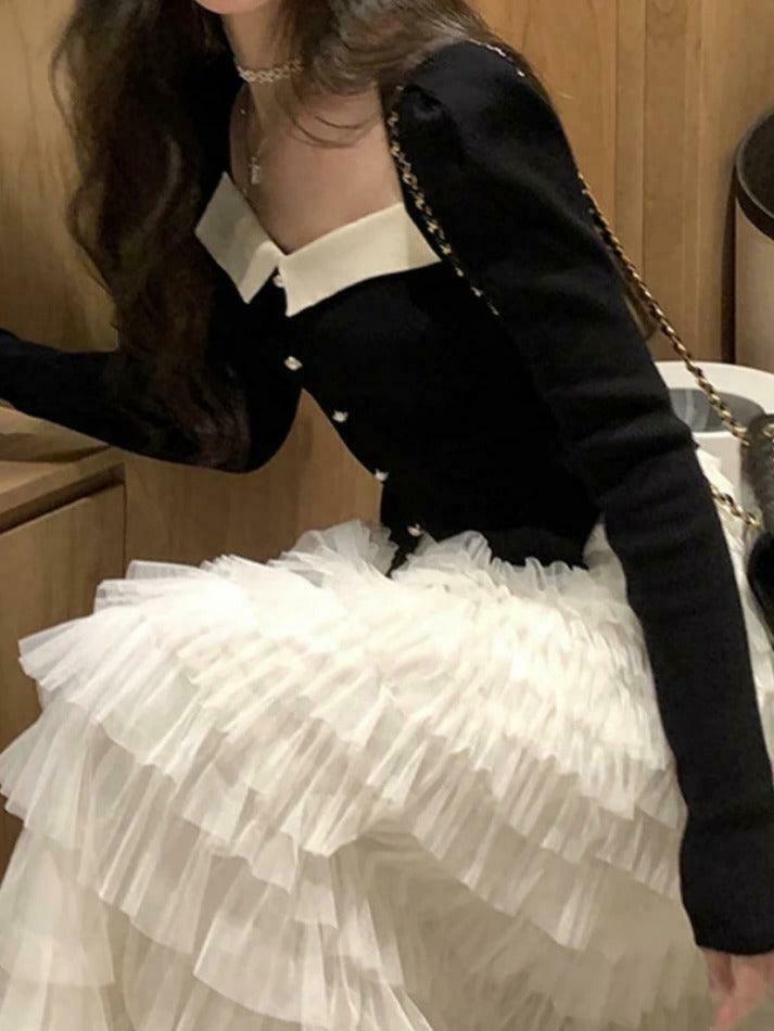 Y2K Aesthetic Contrast Color Splice Pearl Breasted Knit Sweater Y2K Aesthetic Contrast Color Splice Pearl Breasted Knit Sweater