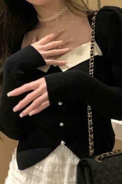 Y2K Aesthetic Contrast Color Splice Pearl Breasted Knit Sweater