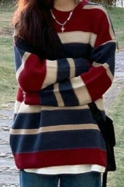 Y2K Aesthetic Contrast Color Stripe Splice Pullover Sweater - Coquette Style Grunge Fashion