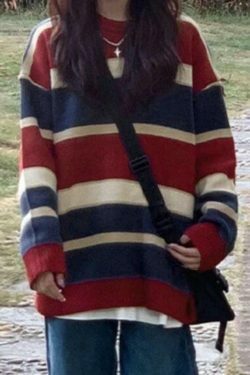 Y2K Aesthetic Contrast Color Stripe Splice Pullover Sweater - Coquette Style Grunge Fashion