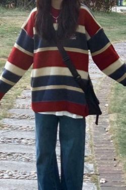 Y2K Aesthetic Contrast Color Stripe Splice Pullover Sweater - Coquette Style Grunge Fashion