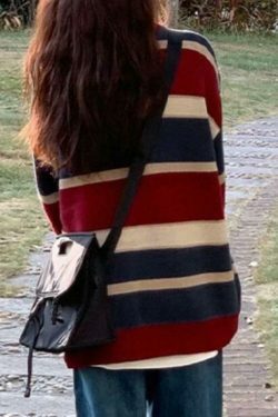 Y2K Aesthetic Contrast Color Stripe Splice Pullover Sweater - Coquette Style Grunge Fashion