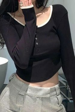 Y2K Aesthetic Contrast Color Trim Curvy Hem Knit Top - Coquette Grunge Style