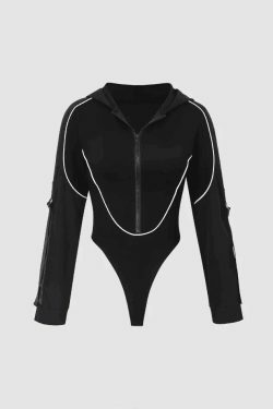 Y2K Aesthetic Contrast Stitch Hooded Bodysuit - Coquette Grunge Style Cute Top