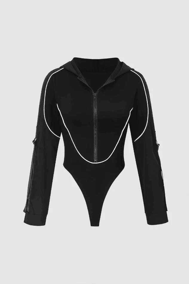 Y2K Aesthetic Contrast Stitch Hooded Bodysuit - Coquette Grunge Style Cute Top Y2K Aesthetic Contrast Stitch Hooded Bodysuit - Coquette Grunge Style Cute Top