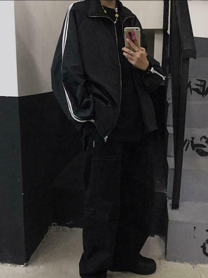 Y2K Aesthetic Contrast Stripe Zip Up Jacket - Coquette Grunge Fashion & Pastel Goth Vibes Y2K Aesthetic Contrast Stripe Zip Up Jacket - Coquette Grunge Fashion & Pastel Goth Vibes