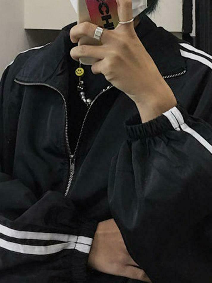 Y2K Aesthetic Contrast Stripe Zip Up Jacket - Coquette Grunge Fashion & Pastel Goth Vibes Y2K Aesthetic Contrast Stripe Zip Up Jacket - Coquette Grunge Fashion & Pastel Goth Vibes