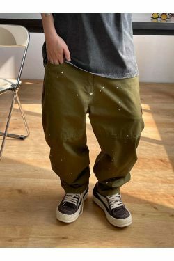 Y2K Aesthetic Contrast Waistband Cargo Pants with Paint Splash - Grunge Style Women's Fashion