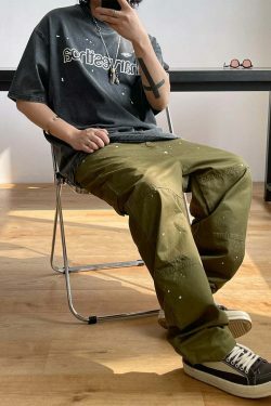 Y2K Aesthetic Contrast Waistband Cargo Pants with Paint Splash - Grunge Style Women's Fashion