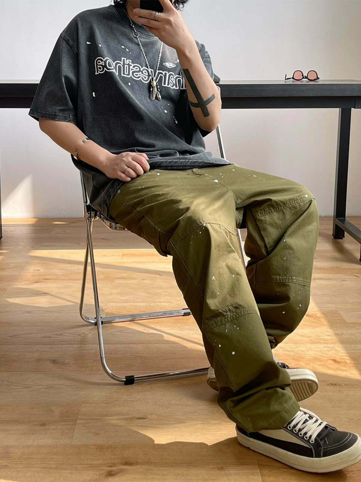 Y2K Aesthetic Contrast Waistband Cargo Pants with Paint Splash - Grunge Style Women's Fashion Y2K Aesthetic Contrast Waistband Cargo Pants with Paint Splash - Grunge Style Women's Fashion