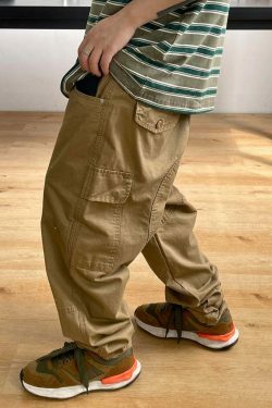 Y2K Aesthetic Contrast Waistband Cargo Pants with Paint Splash - Grunge Style Women's Fashion