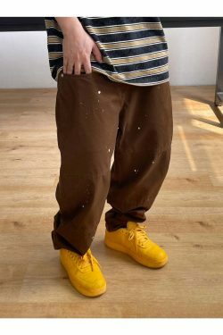 Y2K Aesthetic Contrast Waistband Cargo Pants with Paint Splash - Grunge Style Women's Fashion