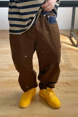 Y2K Aesthetic Contrast Waistband Cargo Pants with Paint Splash - Grunge Style Women's Fashion