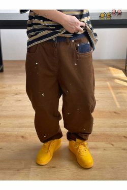 Y2K Aesthetic Contrast Waistband Cargo Pants with Paint Splash - Grunge Style Women's Fashion