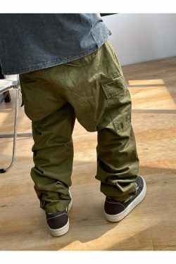 Y2K Aesthetic Contrast Waistband Cargo Pants with Paint Splash - Grunge Style Women's Fashion