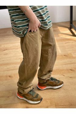 Y2K Aesthetic Contrast Waistband Cargo Pants with Paint Splash - Grunge Style Women's Fashion