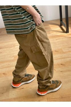 Y2K Aesthetic Contrast Waistband Cargo Pants with Paint Splash - Grunge Style Women's Fashion