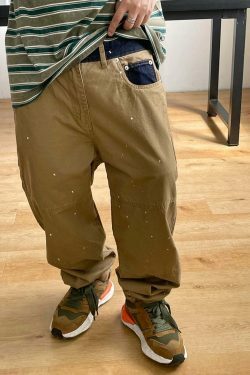 Y2K Aesthetic Contrast Waistband Cargo Pants with Paint Splash - Grunge Style Women's Fashion