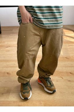 Y2K Aesthetic Contrast Waistband Cargo Pants with Paint Splash - Grunge Style Women's Fashion