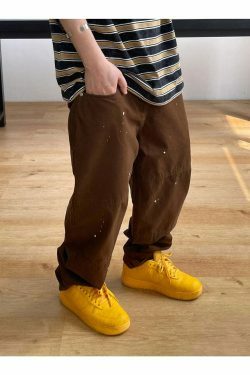 Y2K Aesthetic Contrast Waistband Cargo Pants with Paint Splash - Grunge Style Women's Fashion