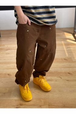 Y2K Aesthetic Contrast Waistband Cargo Pants with Paint Splash - Grunge Style Women's Fashion