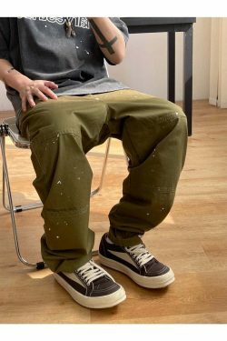 Y2K Aesthetic Contrast Waistband Cargo Pants with Paint Splash - Grunge Style Women's Fashion