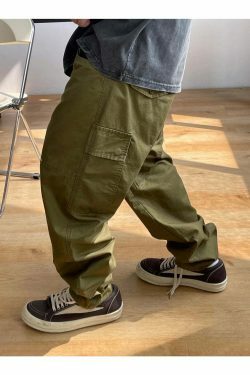 Y2K Aesthetic Contrast Waistband Cargo Pants with Paint Splash - Grunge Style Women's Fashion