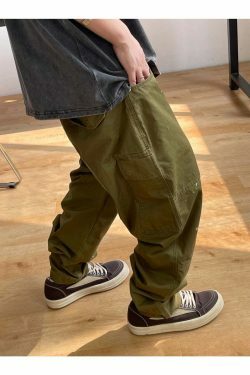 Y2K Aesthetic Contrast Waistband Cargo Pants with Paint Splash - Grunge Style Women's Fashion