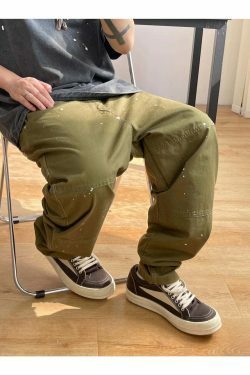 Y2K Aesthetic Contrast Waistband Cargo Pants with Paint Splash - Grunge Style Women's Fashion