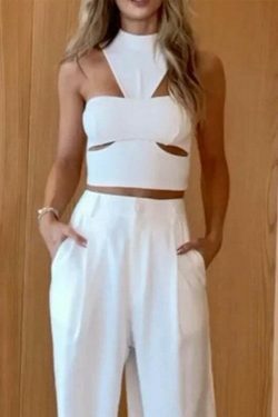 Y2K Aesthetic Coquette Halter Top & Wide Leg Pant Set for Women - Grunge Style Outfit